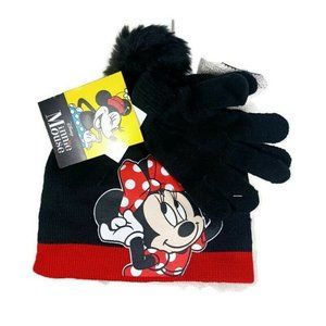 Disney Minnie Mouse NEW Kids Beanie & Gloves Set OSFM Black & Red -Pom